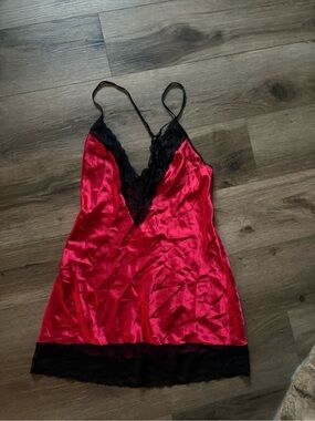 Red Satin Lace-Trim slip dress Chemise Nightgown - Women Intimates